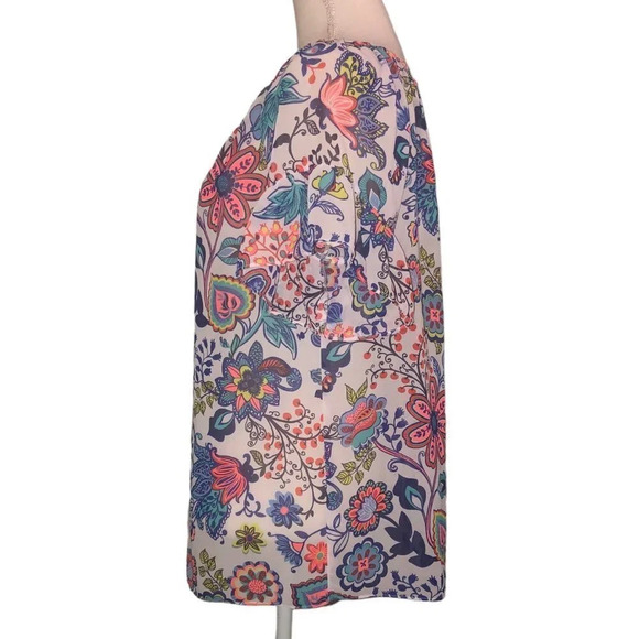 MILLY for Design Nations Sz M Women's Multi-Color Floral Short Sleeve Blouse Top - Picture 2 of 5
